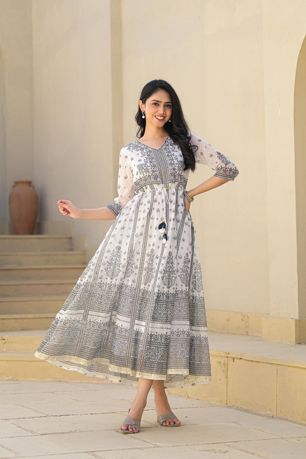 Juniper White Ethnic Motif Printed Chiffon Long Dress With Dori | Grocsy