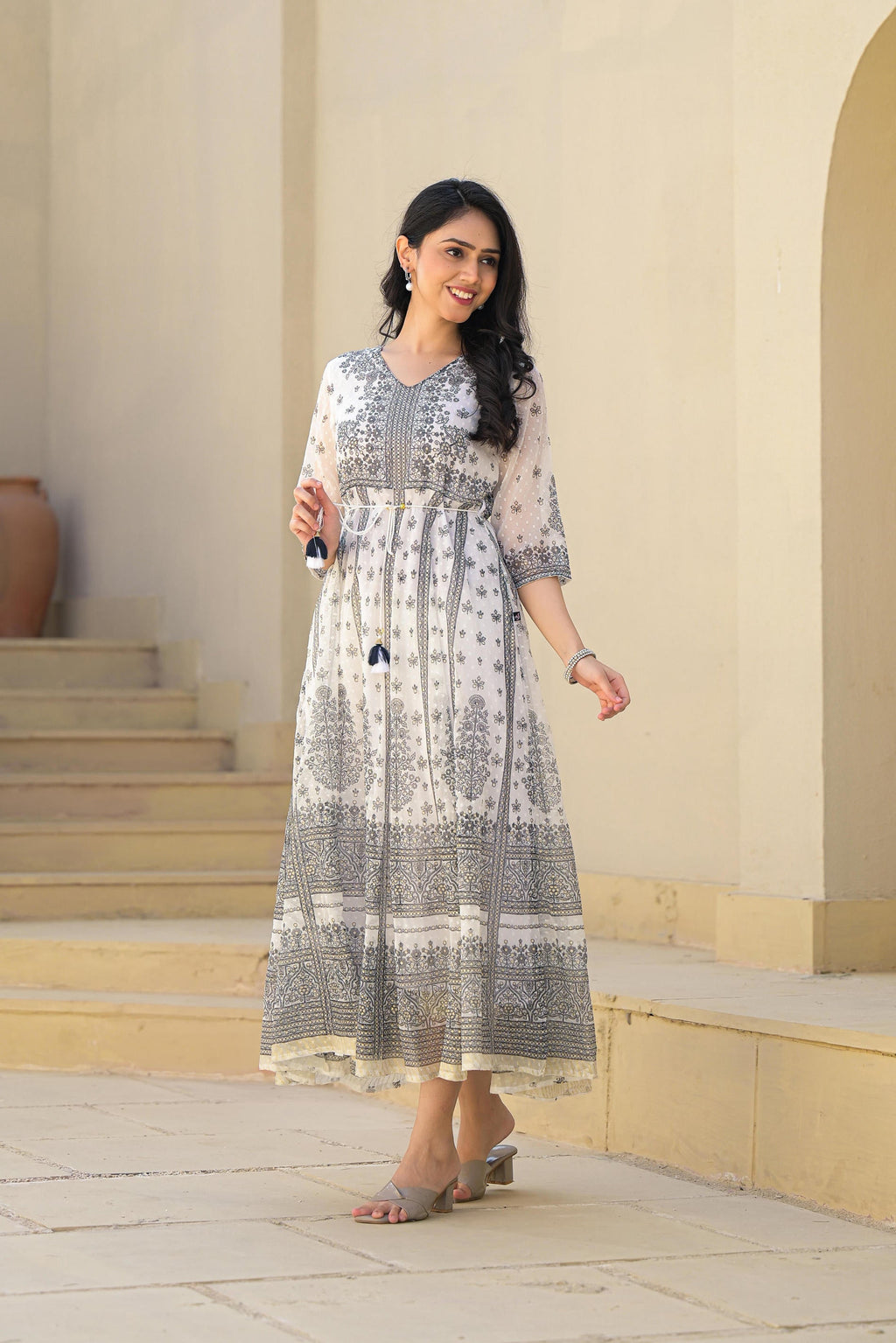 Juniper White Ethnic Motif Printed Chiffon Long Dress With Dori | Grocsy