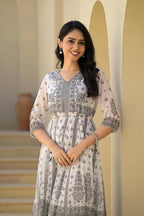 Juniper White Ethnic Motif Printed Chiffon Long Dress With Dori | Grocsy