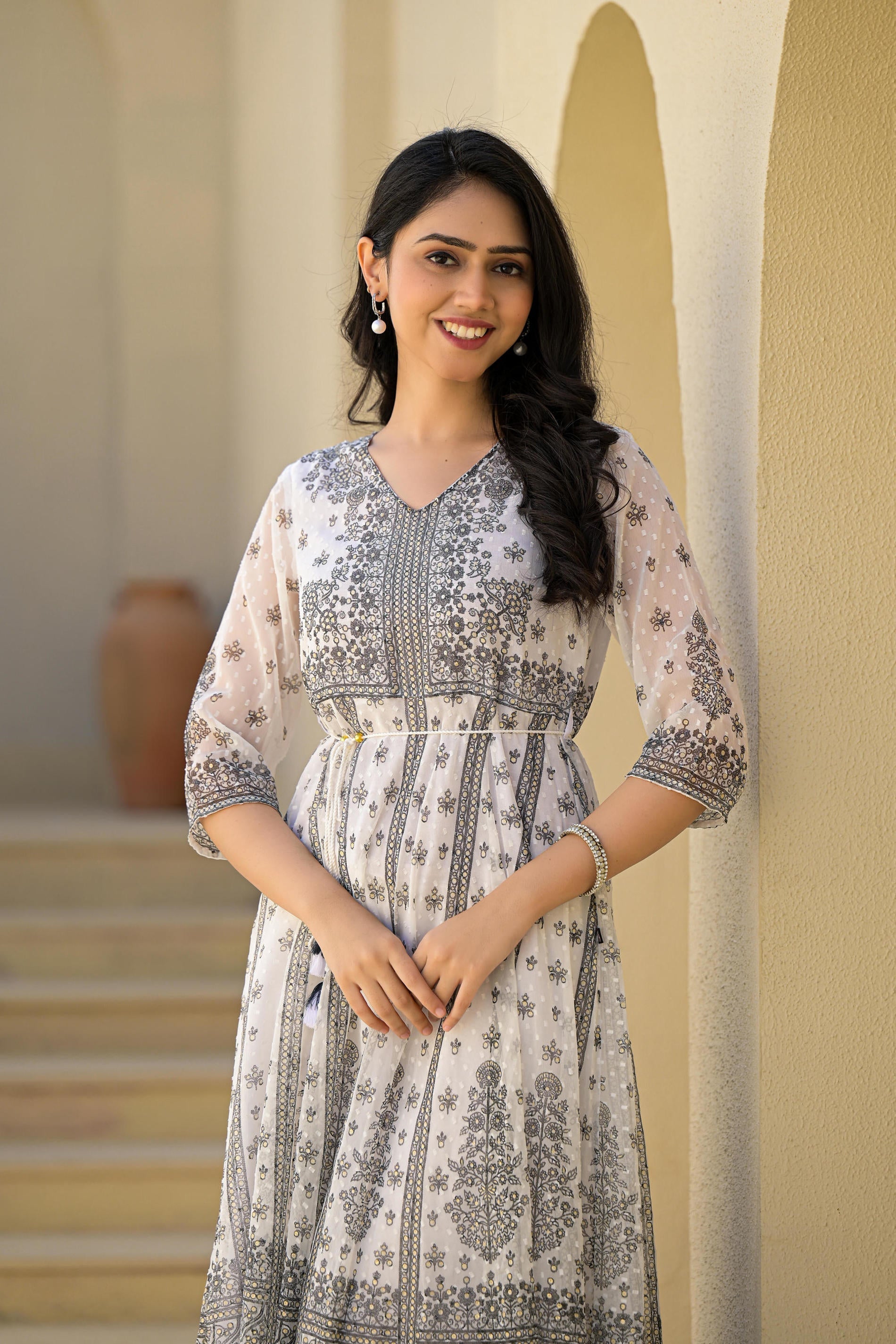 Juniper White Ethnic Motif Printed Chiffon Long Dress With Dori | Grocsy