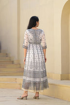 Juniper White Ethnic Motif Printed Chiffon Long Dress With Dori | Grocsy