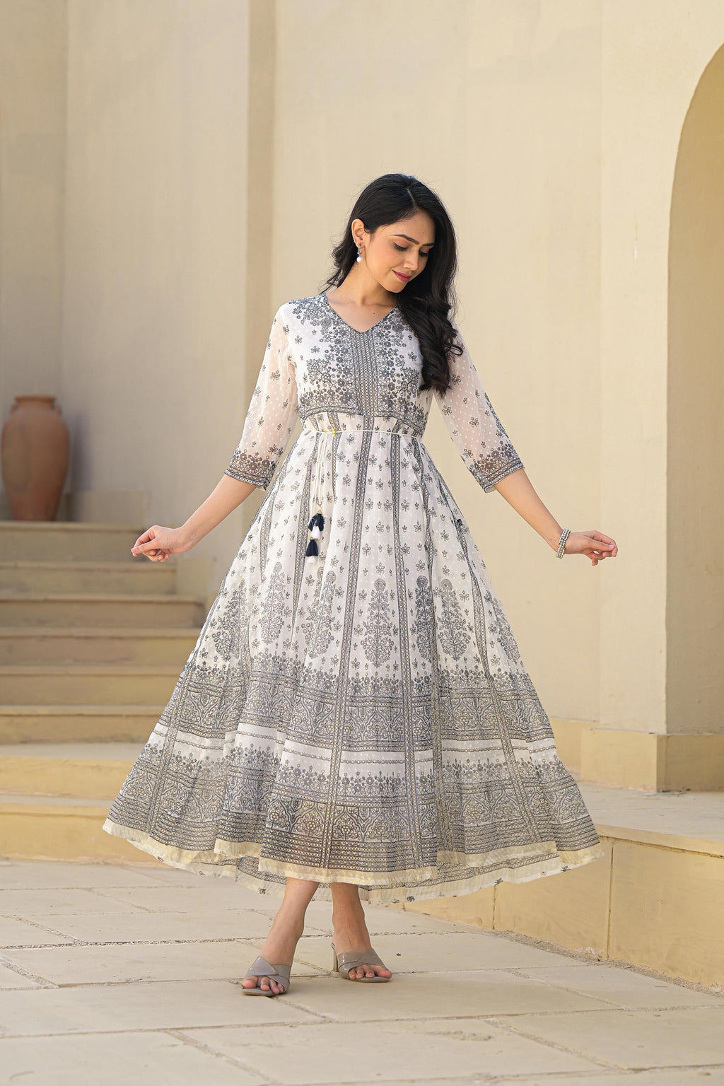 Juniper White Ethnic Motif Printed Chiffon Long Dress With Dori | Grocsy