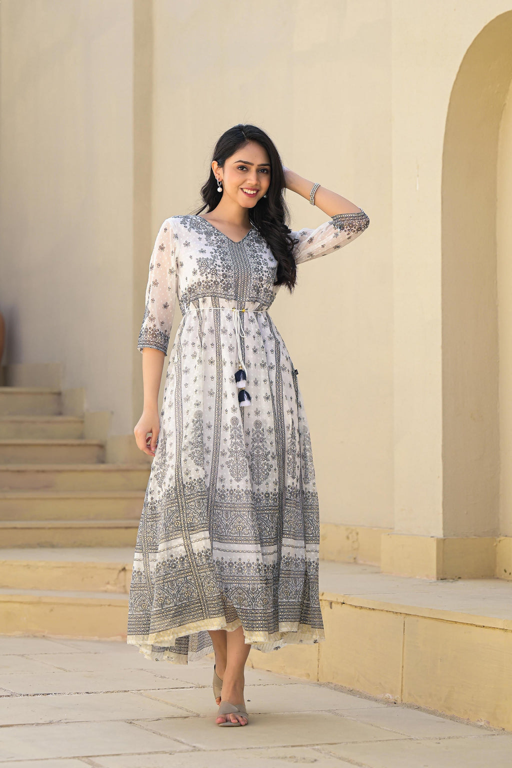 Juniper White Ethnic Motif Printed Chiffon Long Dress With Dori | Grocsy