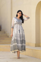 Juniper White Ethnic Motif Printed Chiffon Long Dress With Dori | Grocsy
