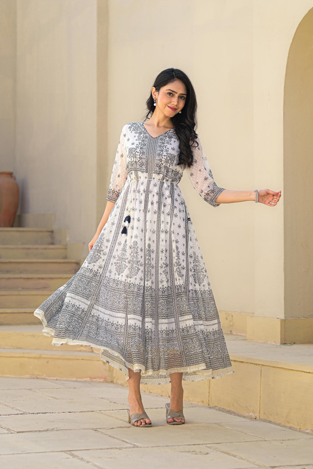Juniper White Ethnic Motif Printed Chiffon Long Dress With Dori | Grocsy