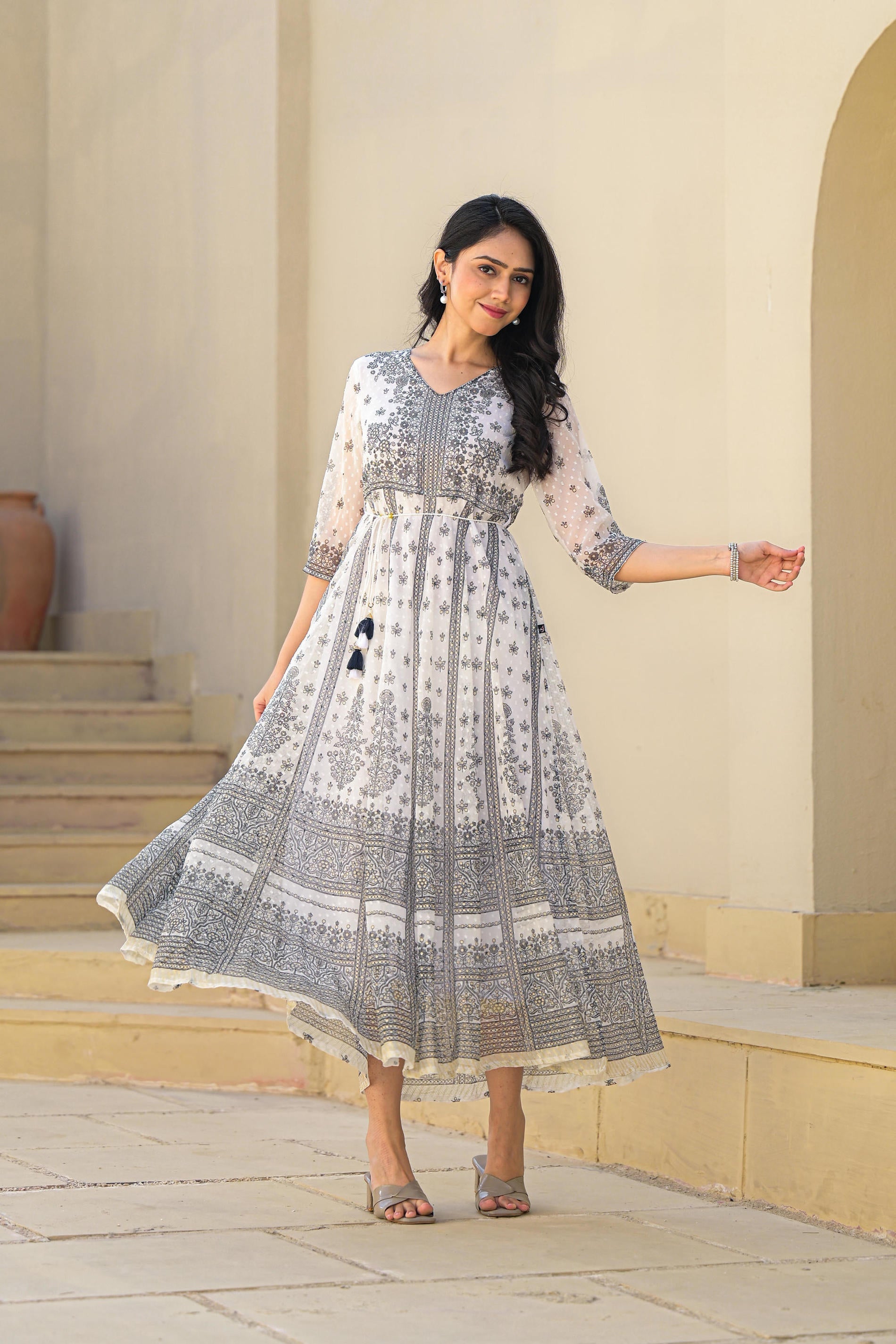 Juniper White Ethnic Motif Printed Chiffon Long Dress With Dori | Grocsy