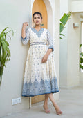 Juniper Serene Ivory Indigo Mughal Motif Cotton Midi Dress | Grocsy