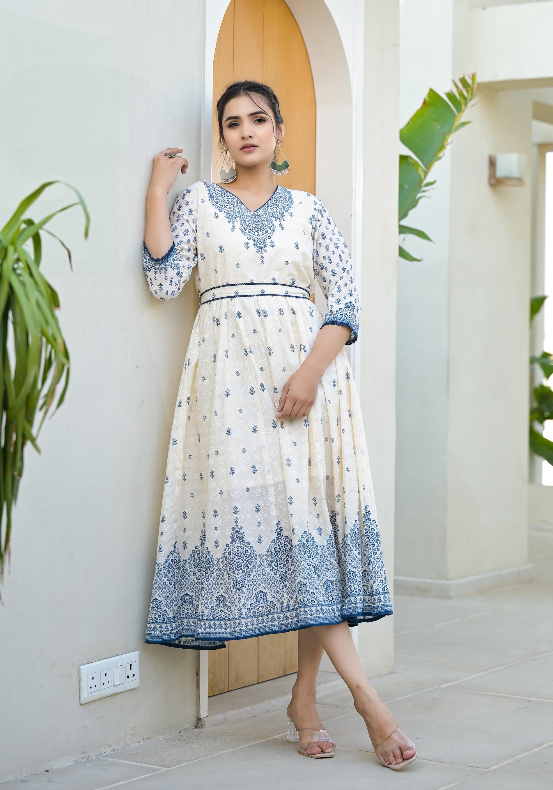 Juniper Serene Ivory Indigo Mughal Motif Cotton Midi Dress | Grocsy