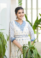Juniper Serene Ivory Indigo Mughal Motif Cotton Midi Dress | Grocsy