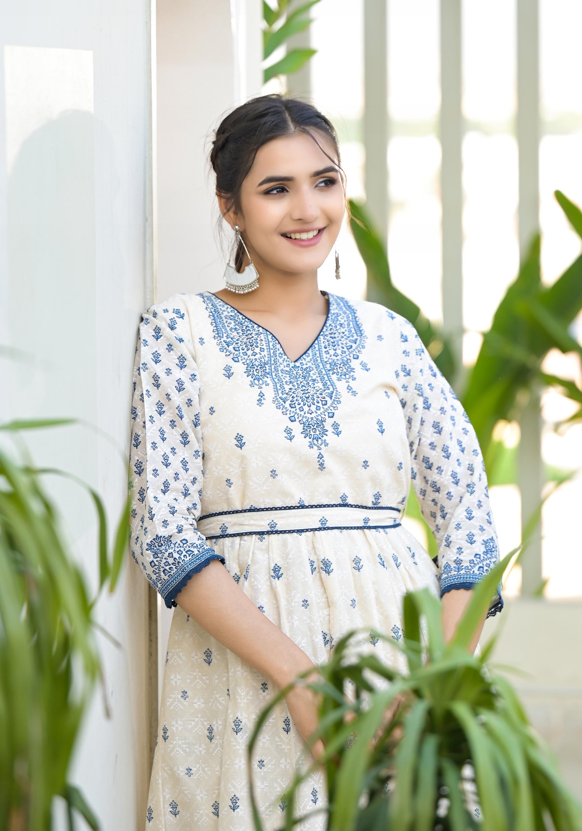 Juniper Serene Ivory Indigo Mughal Motif Cotton Midi Dress | Grocsy