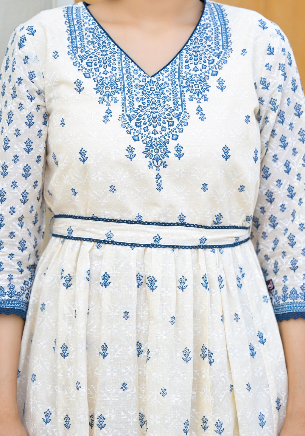 Juniper Serene Ivory Indigo Mughal Motif Cotton Midi Dress | Grocsy