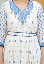Juniper Serene Ivory Indigo Mughal Motif Cotton Midi Dress | Grocsy