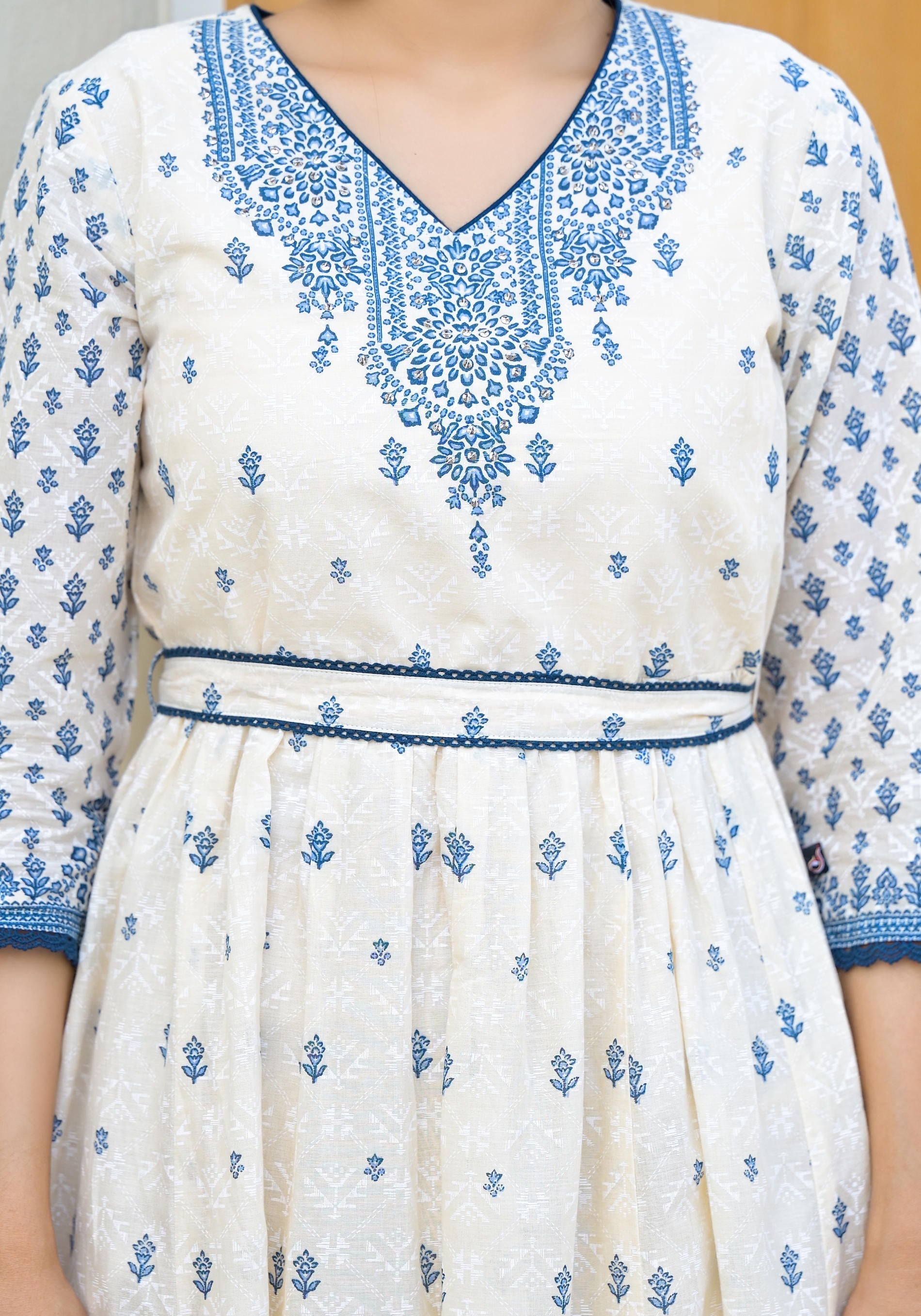 Juniper Serene Ivory Indigo Mughal Motif Cotton Midi Dress | Grocsy