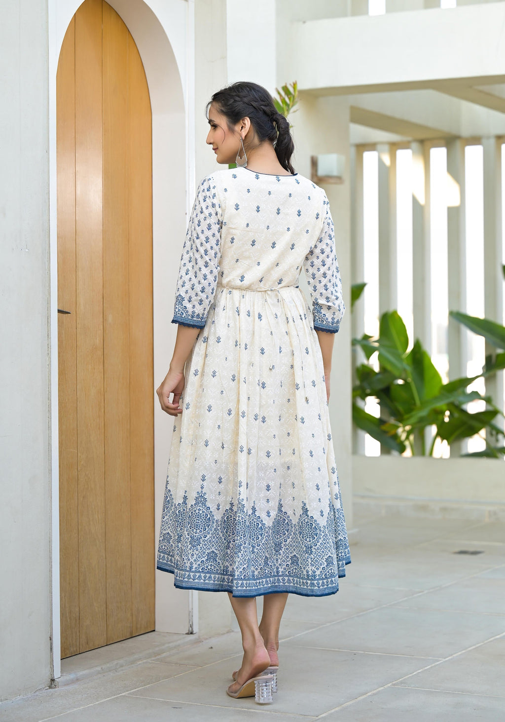 Juniper Serene Ivory Indigo Mughal Motif Cotton Midi Dress | Grocsy