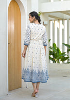 Juniper Serene Ivory Indigo Mughal Motif Cotton Midi Dress | Grocsy