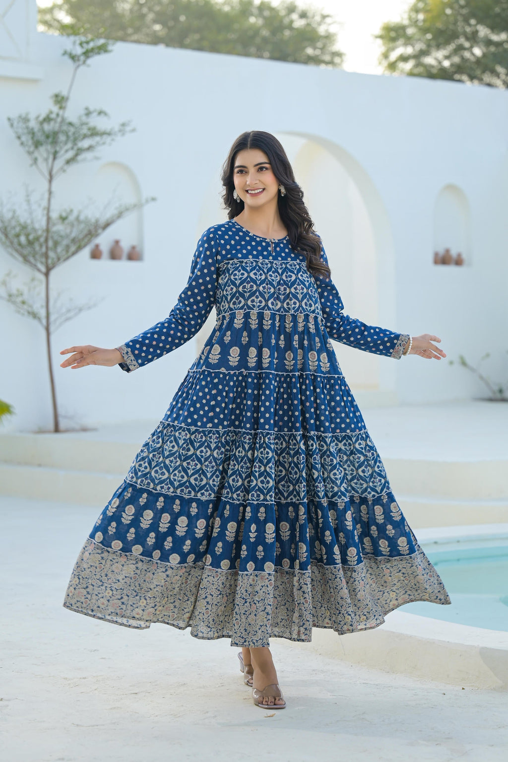 Juniper Indigo Ethnic Motif Printed Cotton Long Dress With Sequins & Thread Work | Grocsy
