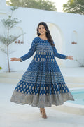 Juniper Indigo Ethnic Motif Printed Cotton Long Dress With Sequins & Thread Work | Grocsy