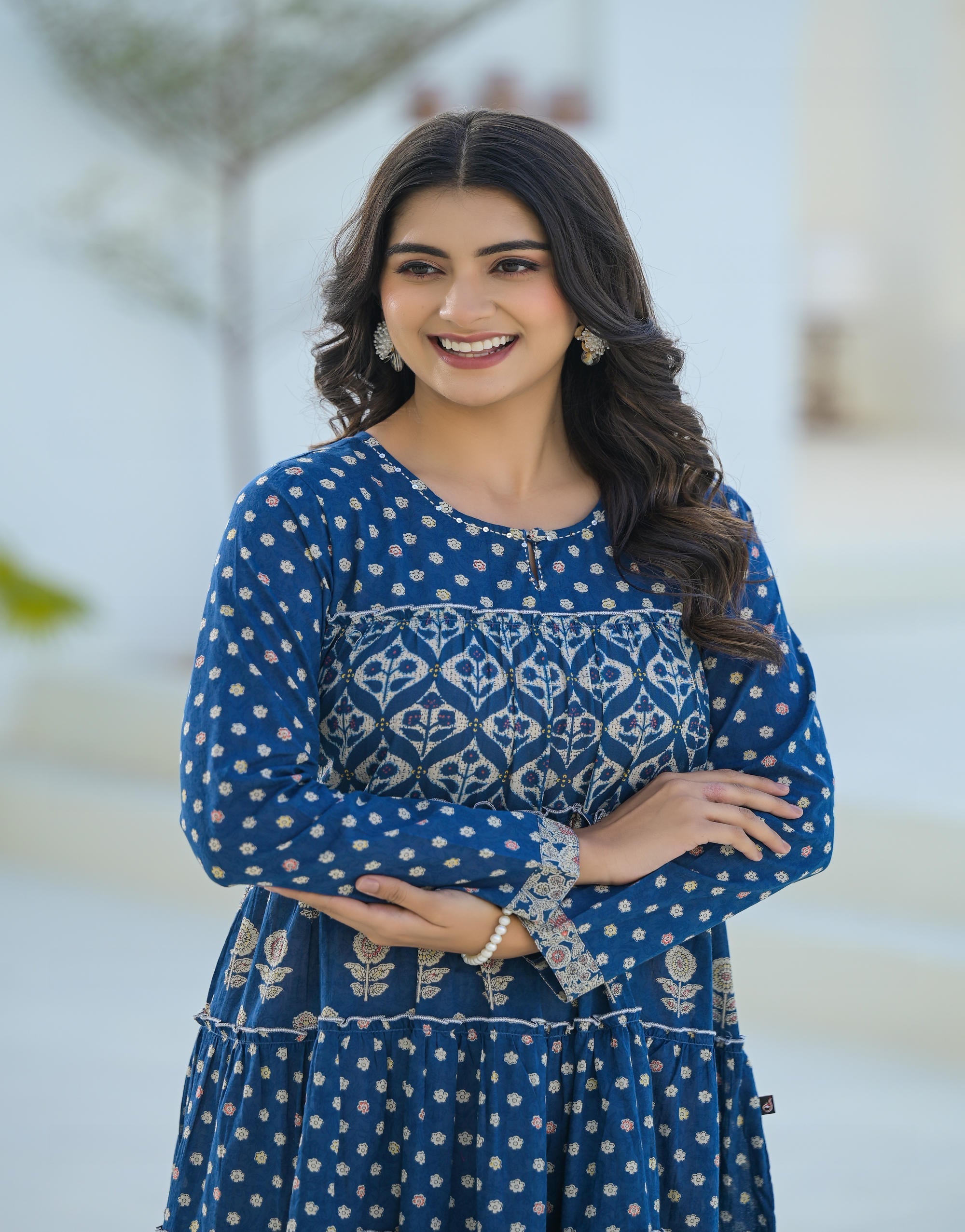 Juniper Indigo Ethnic Motif Printed Cotton Long Dress With Sequins & Thread Work | Grocsy