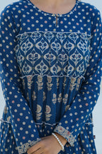 Juniper Indigo Ethnic Motif Printed Cotton Long Dress With Sequins & Thread Work | Grocsy