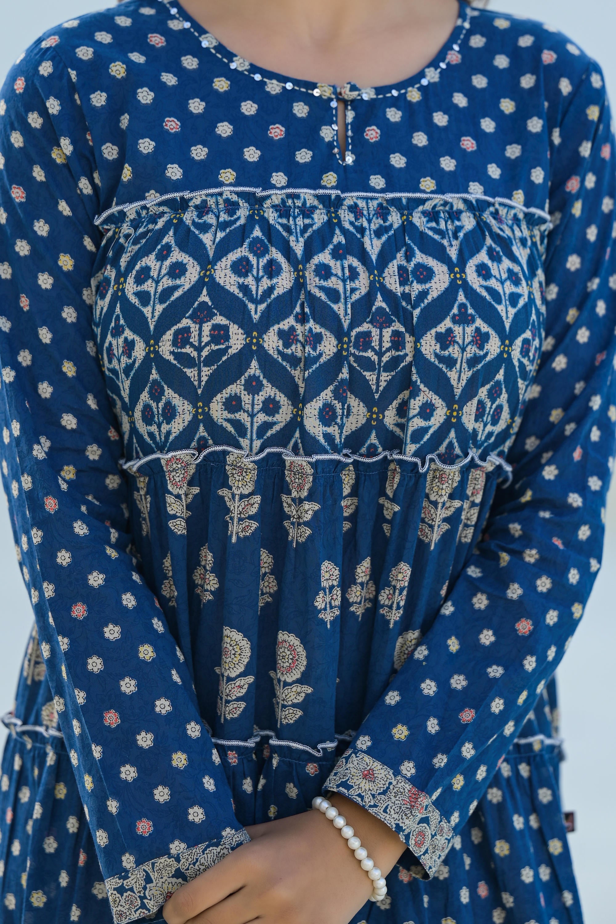 Juniper Indigo Ethnic Motif Printed Cotton Long Dress With Sequins & Thread Work | Grocsy