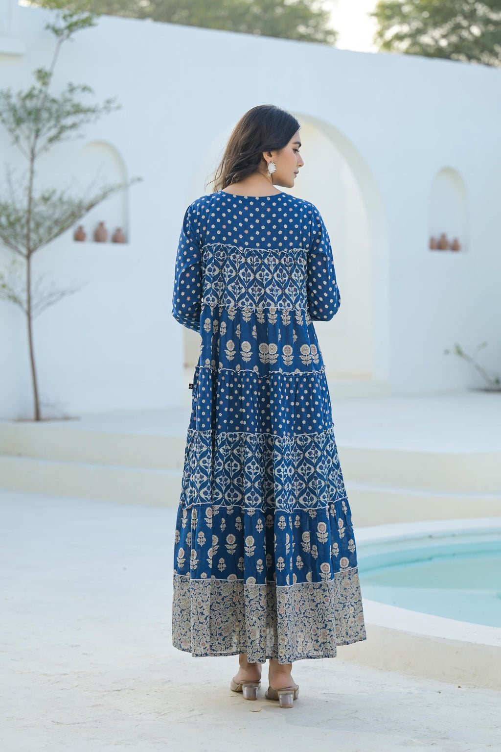Juniper Indigo Ethnic Motif Printed Cotton Long Dress With Sequins & Thread Work | Grocsy