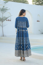 Juniper Indigo Ethnic Motif Printed Cotton Long Dress With Sequins & Thread Work | Grocsy