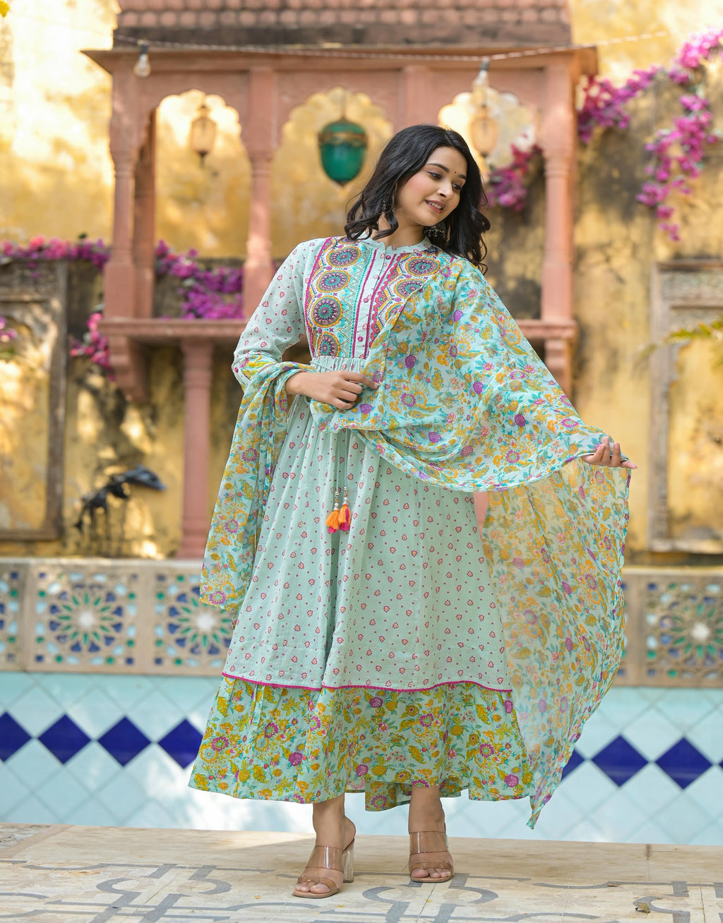 Juniper Mint Green Floral Long Dress With Dupatta | Grocsy