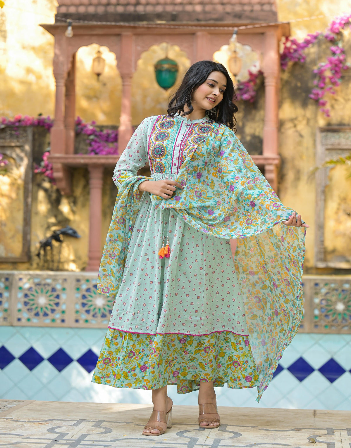 Juniper Mint Green Floral Long Dress With Dupatta | Grocsy
