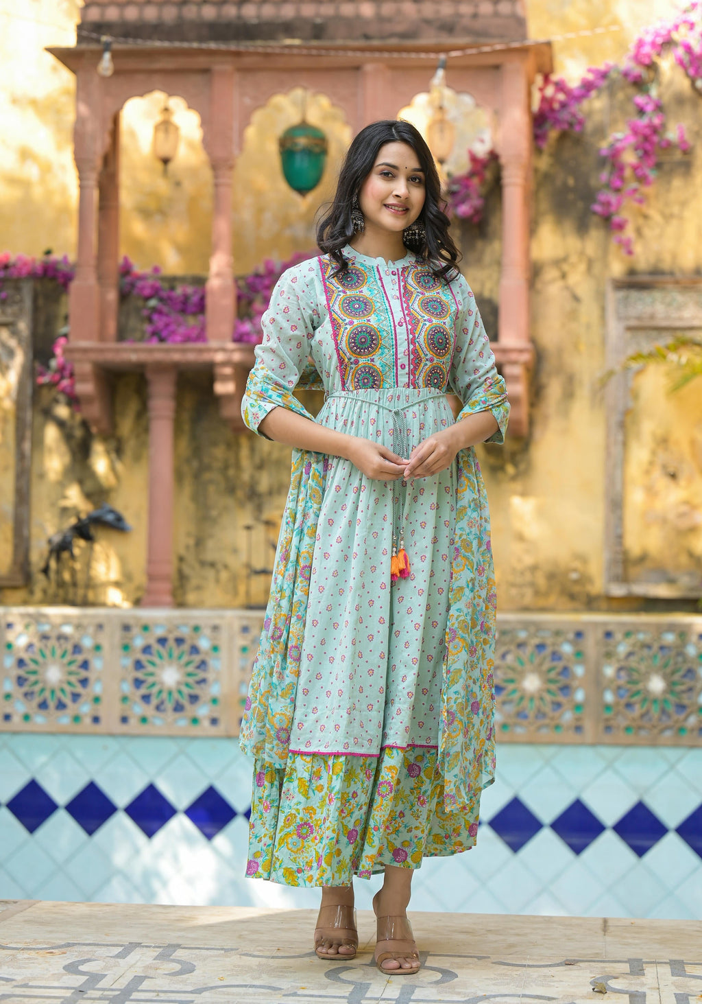 Juniper Mint Green Floral Long Dress With Dupatta | Grocsy