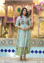 Juniper Mint Green Floral Long Dress With Dupatta | Grocsy