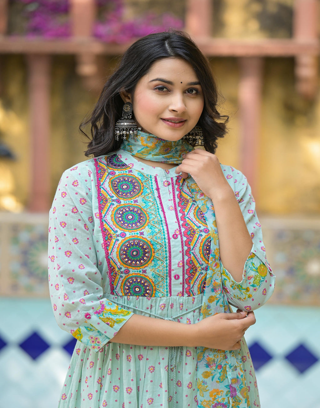 Juniper Mint Green Floral Long Dress With Dupatta | Grocsy