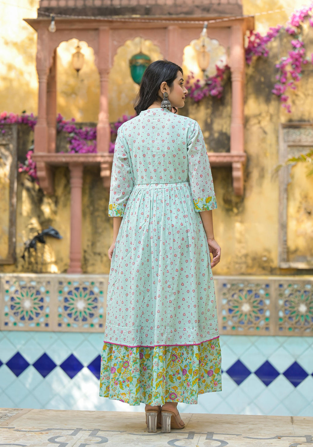 Juniper Mint Green Floral Long Dress With Dupatta | Grocsy
