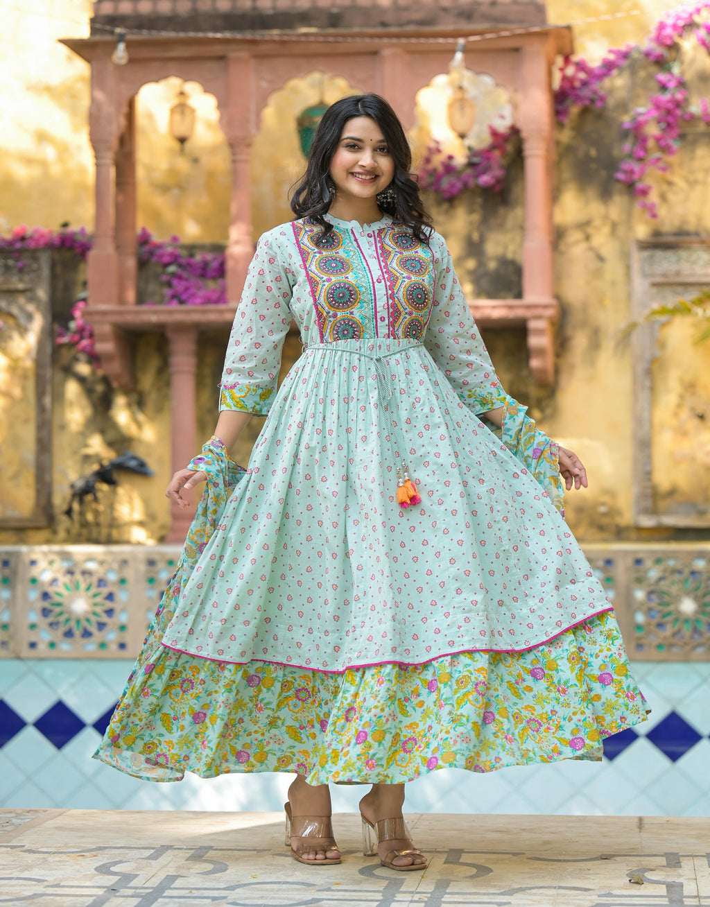Juniper Mint Green Floral Long Dress With Dupatta | Grocsy
