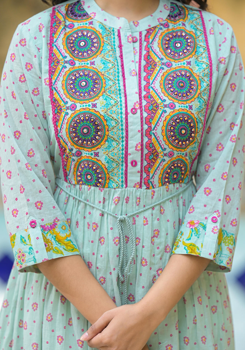 Juniper Mint Green Floral Long Dress With Dupatta | Grocsy