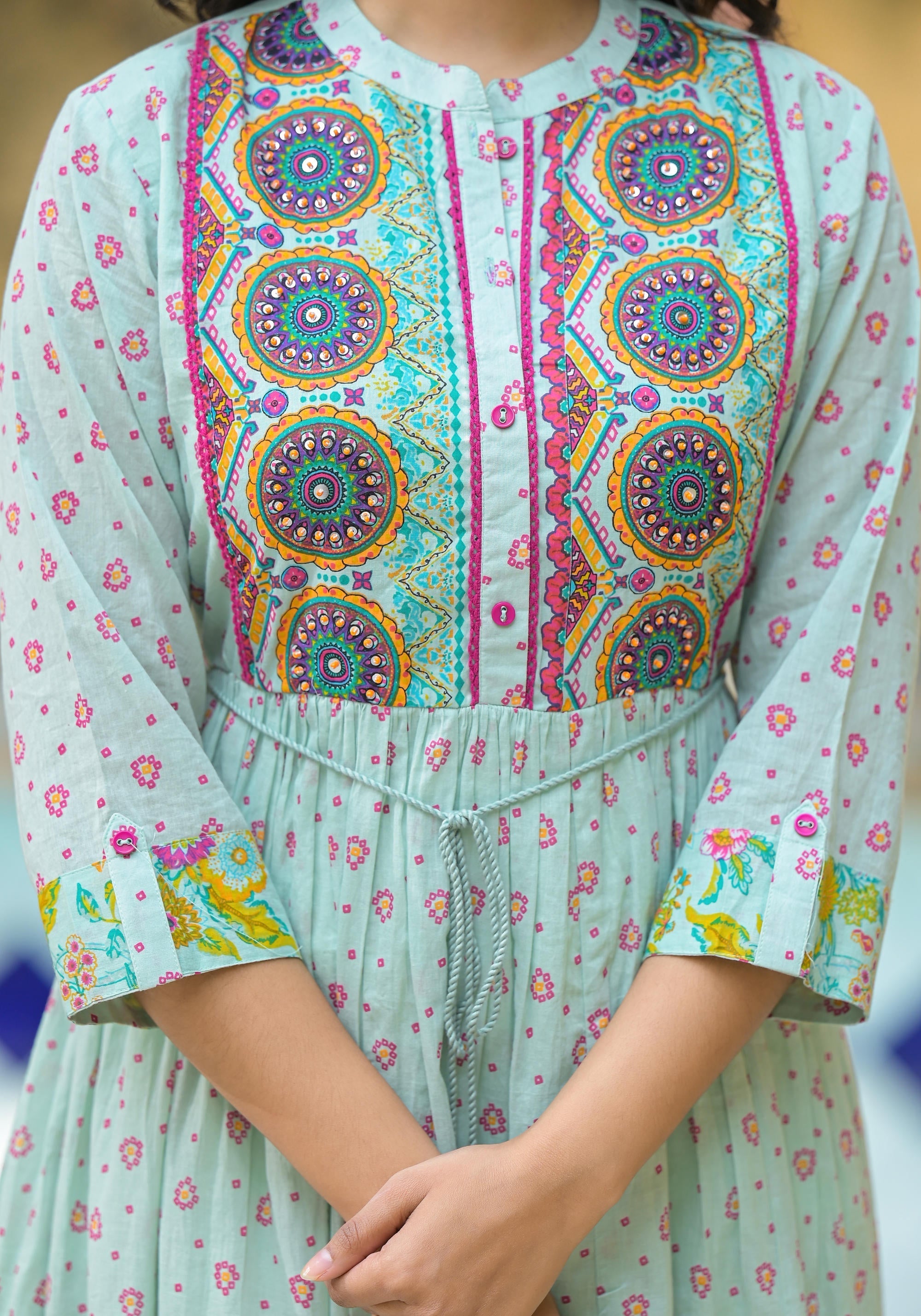 Juniper Mint Green Floral Long Dress With Dupatta | Grocsy