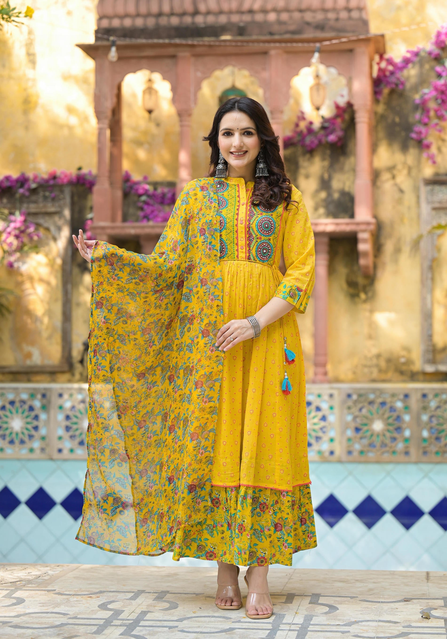 Juniper Mustard Floral Long Dress With Dupatta | Grocsy