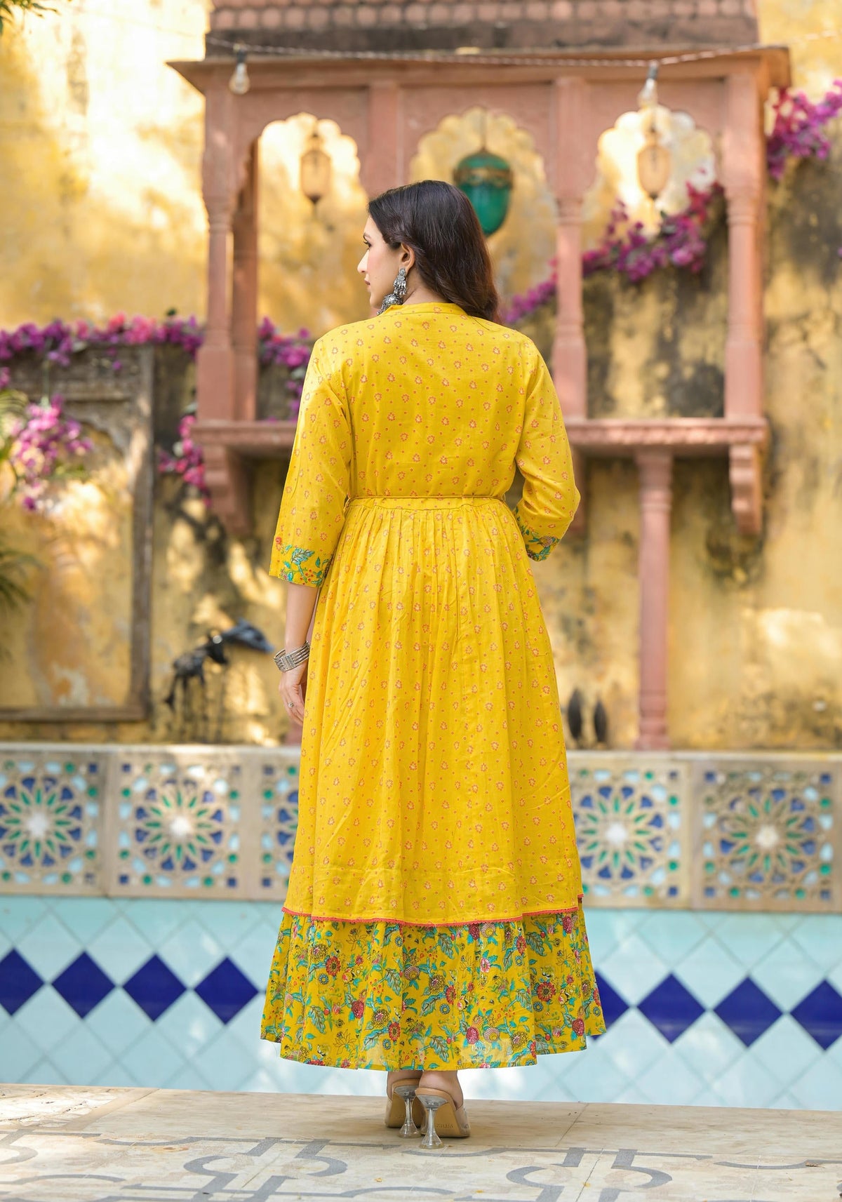 Juniper Mustard Floral Long Dress With Dupatta | Grocsy