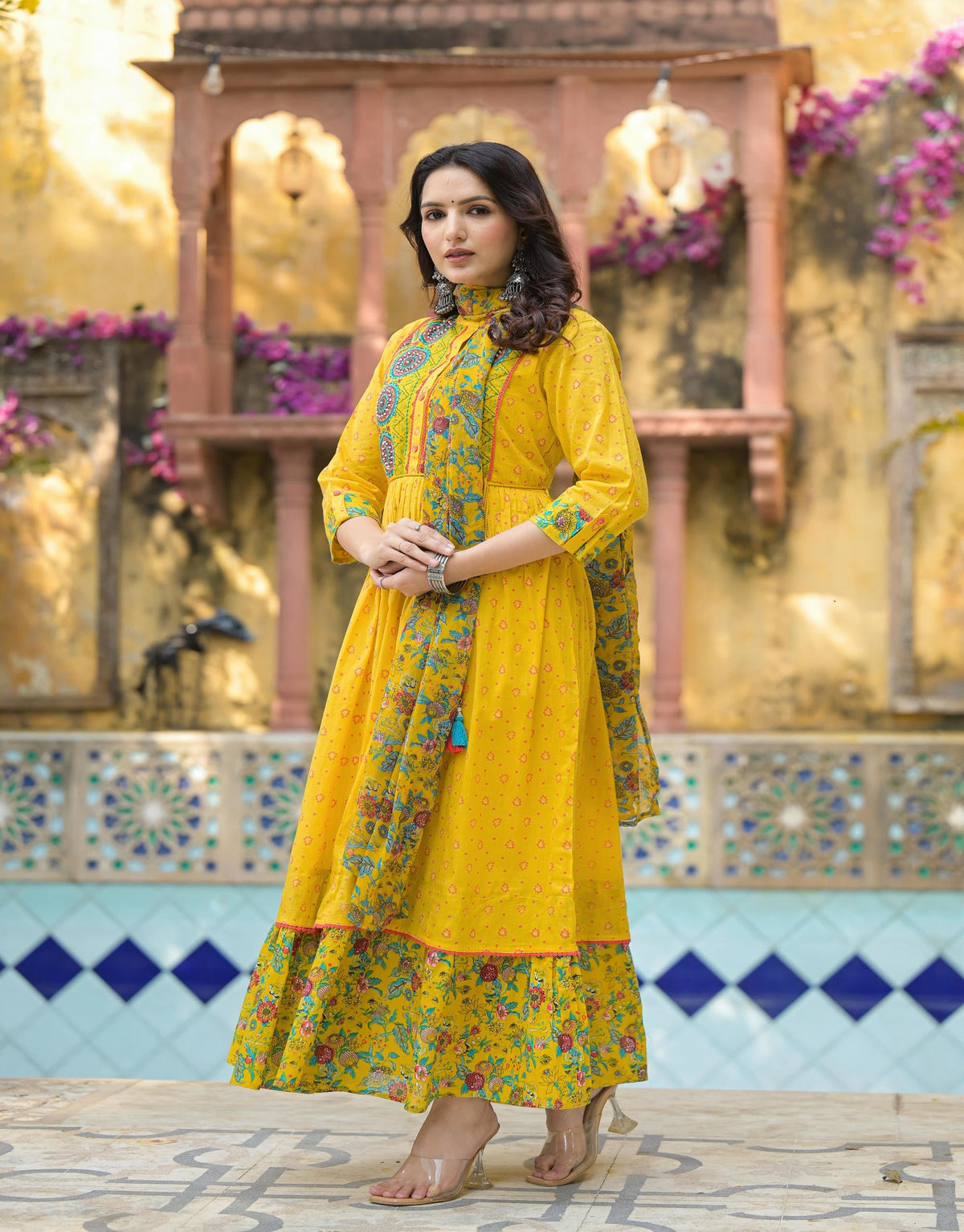 Juniper Mustard Floral Long Dress With Dupatta | Grocsy