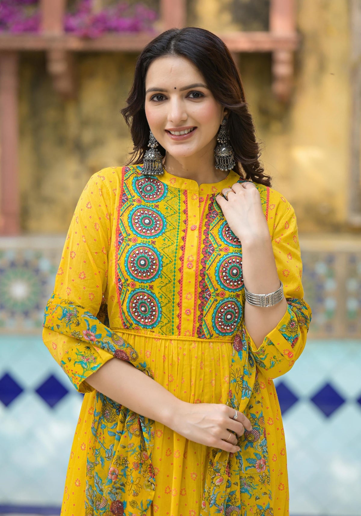 Juniper Mustard Floral Long Dress With Dupatta | Grocsy