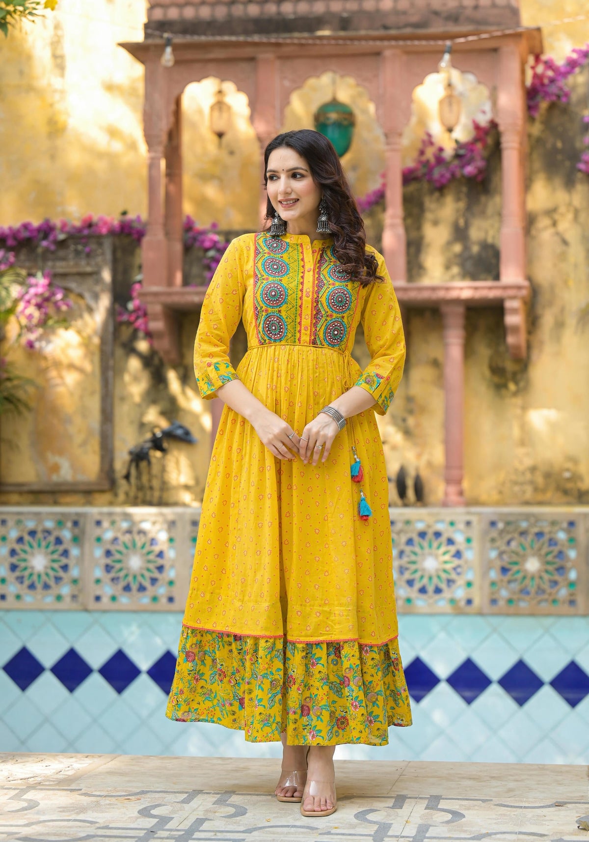 Juniper Mustard Floral Long Dress With Dupatta | Grocsy