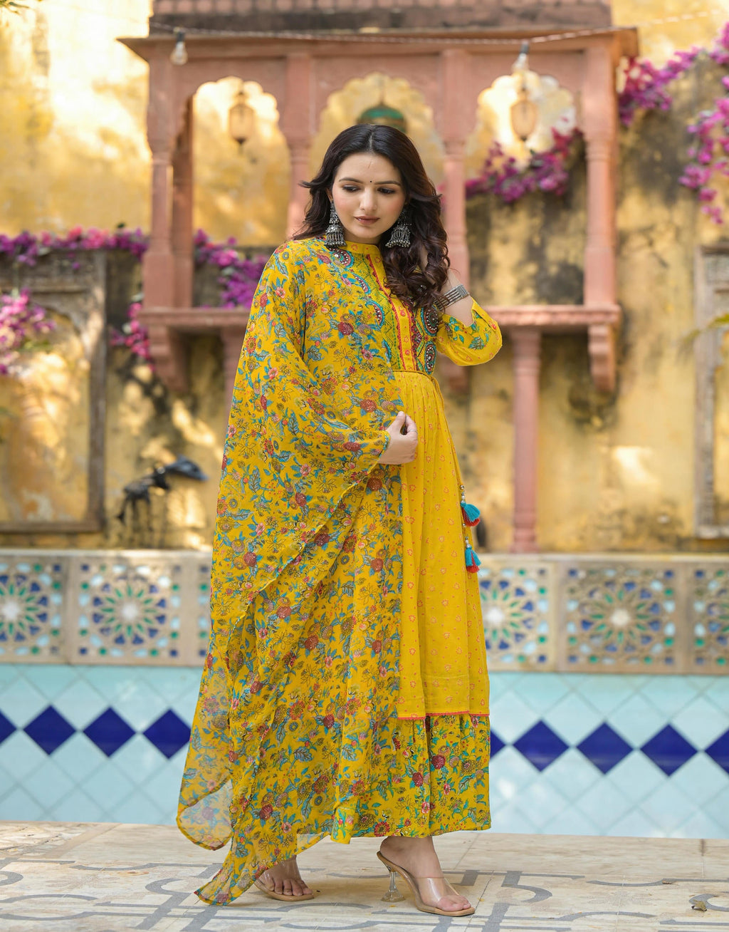 Juniper Mustard Floral Long Dress With Dupatta | Grocsy