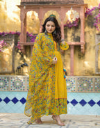 Juniper Mustard Floral Long Dress With Dupatta | Grocsy