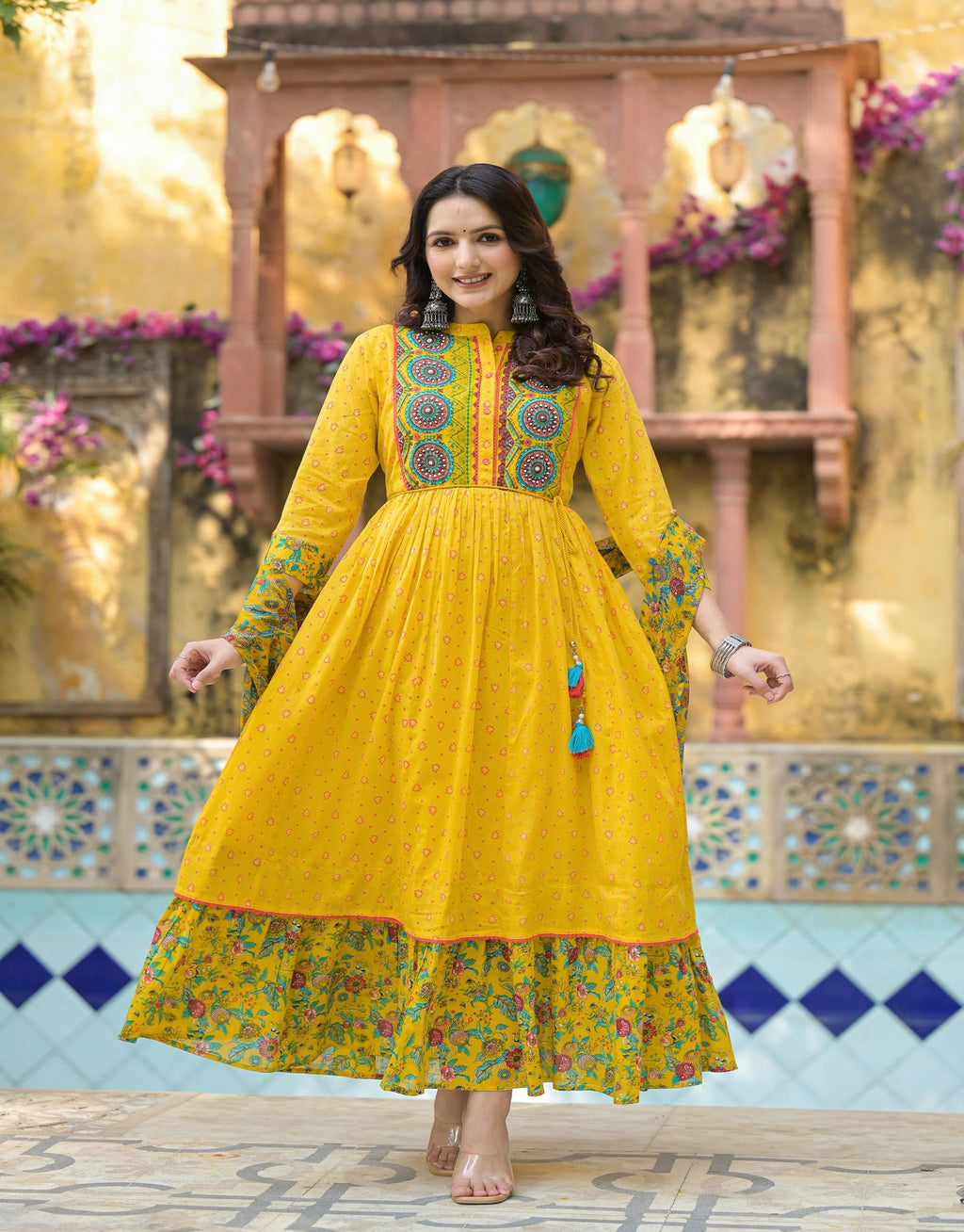 Juniper Mustard Floral Long Dress With Dupatta | Grocsy
