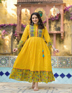 Juniper Mustard Floral Long Dress With Dupatta | Grocsy
