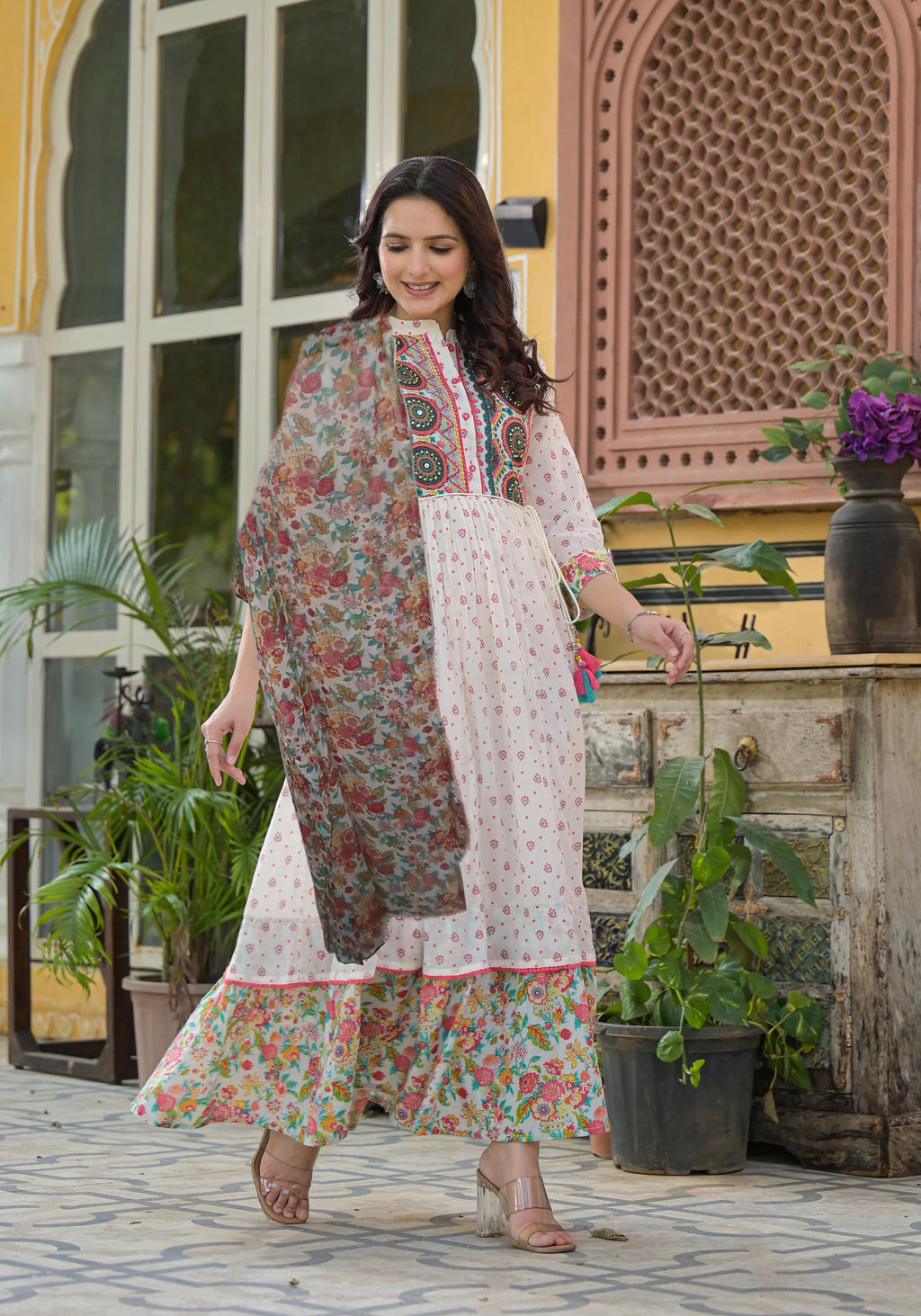 Juniper Off White Floral Long Dress With Dupatta | Grocsy