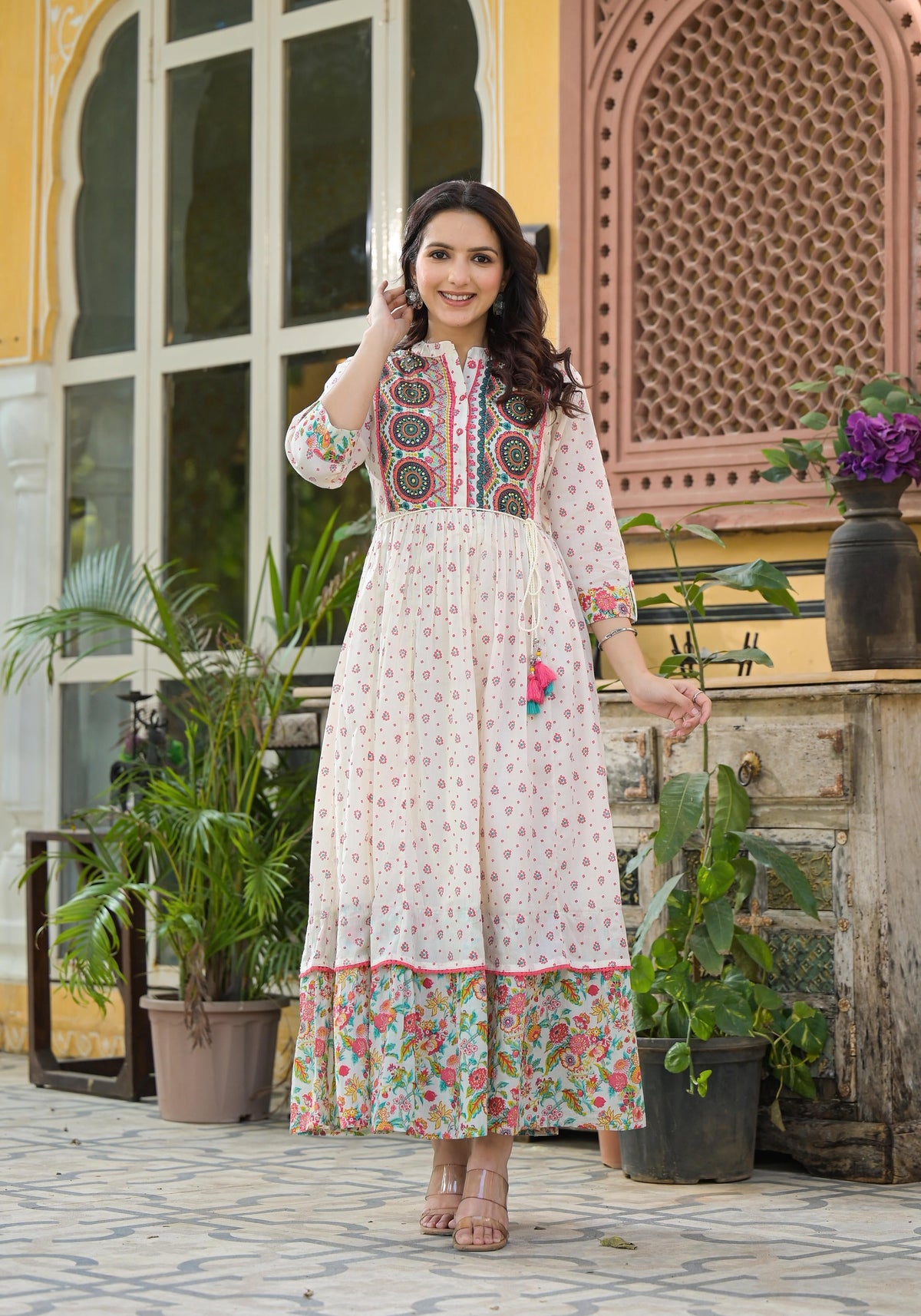 Juniper Off White Floral Long Dress With Dupatta | Grocsy
