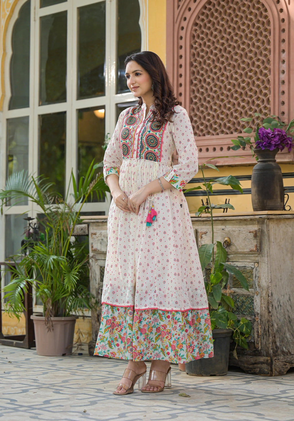 Juniper Off White Floral Long Dress With Dupatta | Grocsy