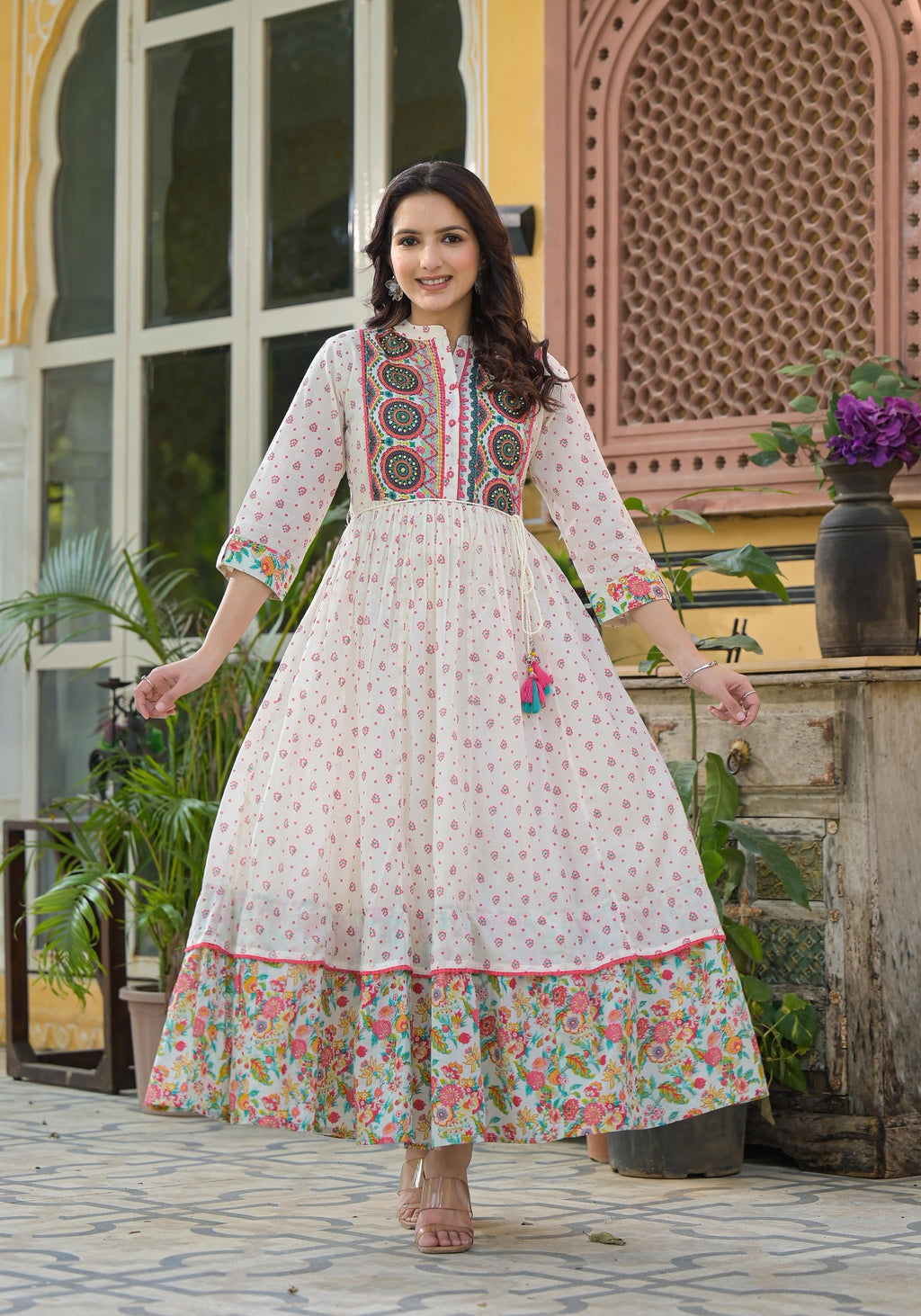 Juniper Off White Floral Long Dress With Dupatta | Grocsy