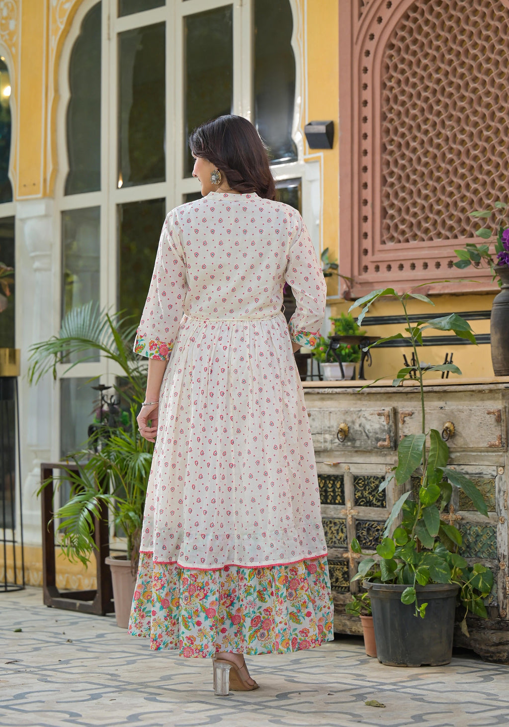 Juniper Off White Floral Long Dress With Dupatta | Grocsy
