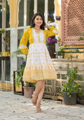 Juniper Mustard Ethnic Motif Printed Cotton Short Dress With Mirror Work & Lace | Grocsy